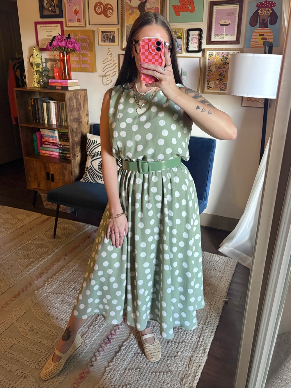 Vintage Dressbarn Green Polka Dot Fit & Flare Dress